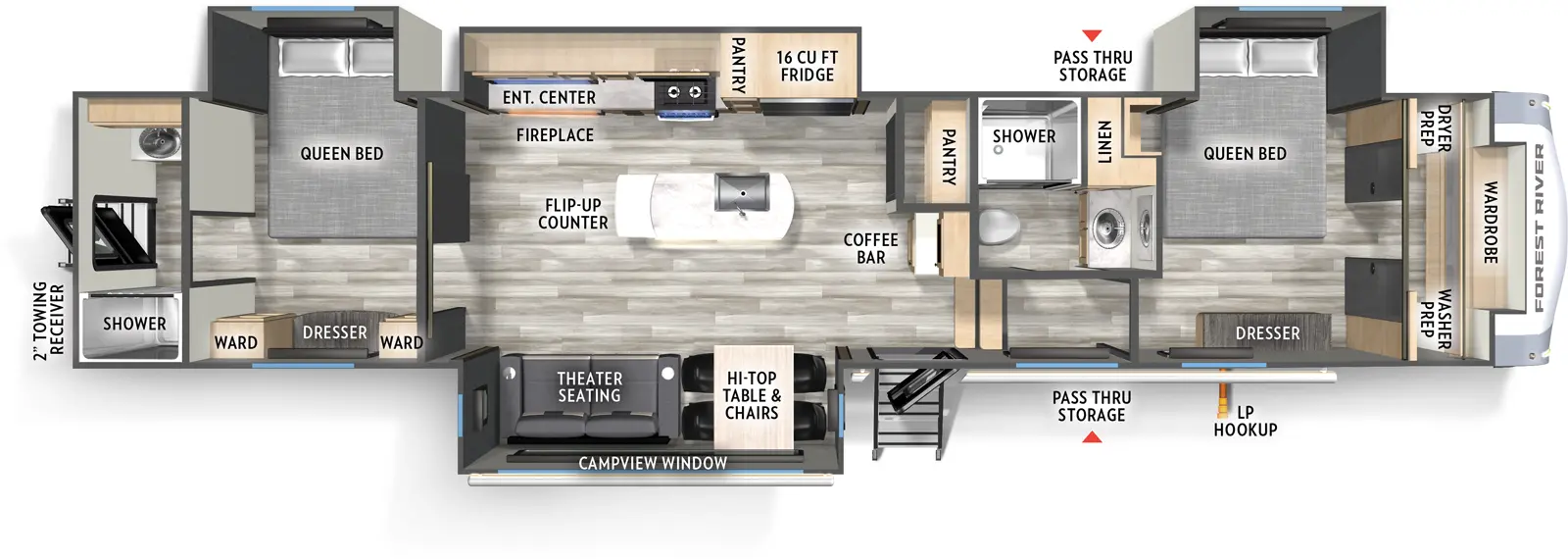 The 402BEDS has four slideouts and two entries. Interior layout front to back: wardrobe, off-door side queen bed slideout and linen closet, and door side dresser; off-door side full bathroom; steps down to main living area and entry; coffee bar with overhead cabinet and pantry along inner wall; off-door side slideout with refrigerator, pantry, kitchen counter with cooktop, overhead cabinet, and entertainment center with fireplace; kitchen island with sink; door side slideout with hi-top with chairs, and theater seating; bedroom with off-door side queen bed slideout, and door side dresser with wardrobes on each side; rear full bathroom with medicine cabinet and rear second entry.